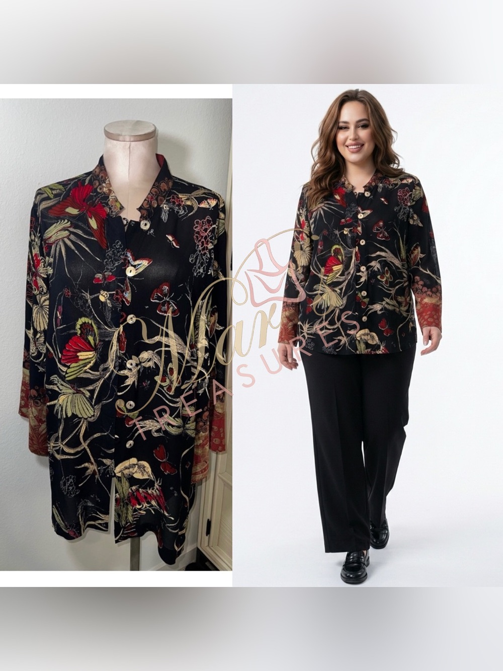 Citron 100% Silk Black Floral Button Down Blouse Sz 1X